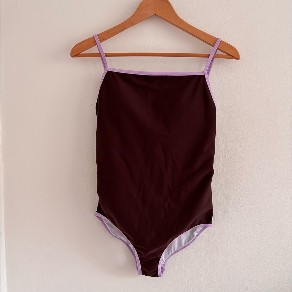 MUSINSA STANDARD WOMAN One Piece Swimsuit Dark Brown w Purple Trim (M)